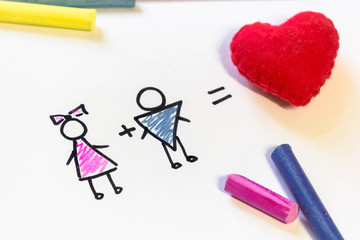 notebook with white sheet girl + boy = love on white background red heart equation pastel