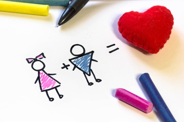 notebook with white sheet girl + boy = love on white background red heart equation pastel