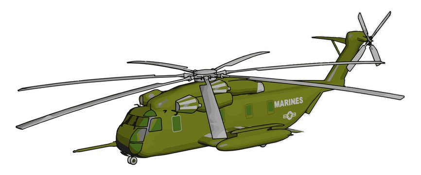 3D vector illustration on white background of a green military helicopter