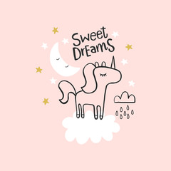 Cute seamless magic forest unicorn pattern for kids, baby apparel, fabric, textile, wallpaper, bedding, swaddles with unicorn, Scandinavian style for clothes, swaddles, apparel, planner, sticker