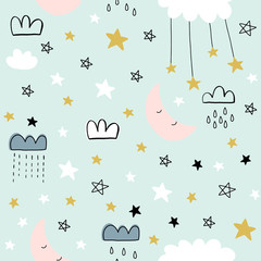 Seamless cute pattern for kids, children. Clouds moon stars background. Scandinavian style for fabric, wallpaper, planner, sticker