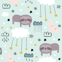 Cute seamless magic forest pattern for kids, baby apparel, fabric, textile, wallpaper, bedding, swaddles with unicorn, Scandinavian style for clothes, swaddles, apparel, planner, sticker