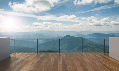 Balcony view of  mountains. Landscape. Sunny Day. Terrace with a beautiful view. Background with...