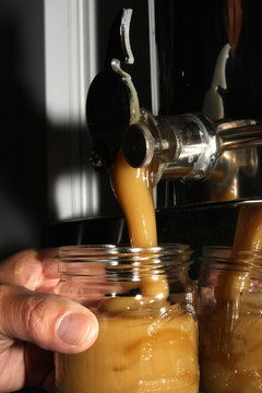 Bottling honey into glasses