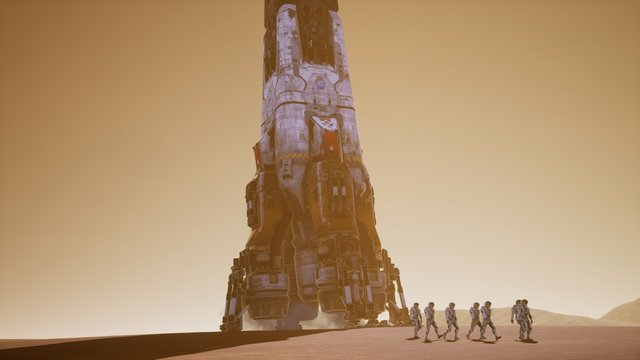 Astronauts go to the Rover after landing in a rocket on. Panoramic landscape on the surface of Mars. 3D Rendering