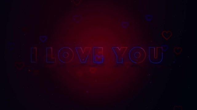 I Love You. Little hearts are on dark background with sparks. Conceptual backgroud. Appearing and disappearing lettering. Turning around. Blicking background. Action. Animation. 3D. 4K.