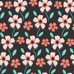 bezszwowy wektorowy kwiecisty wzór z różowymi i koralowymi dżungla kwiatami i zielonymi liśćmi na czarnym tle - 260899896