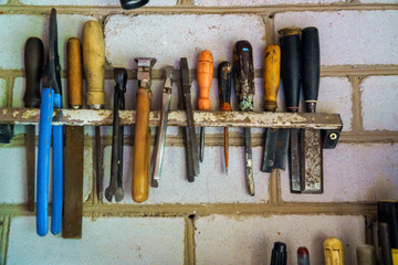 tools in labor day and business fight crafting tools on a work table.