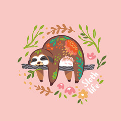 Sloth life print. Cute vector sloth bear animal character sleeping on a branch. Vector illustration