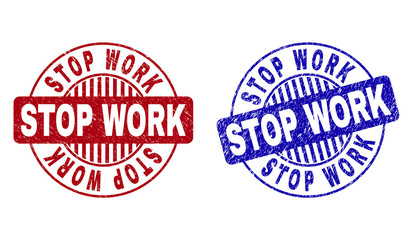 Grunge STOP WORK round stamp seals isolated on a white background. Round seals with distress texture in red and blue colors. Vector rubber imprint of STOP WORK caption inside circle form with stripes.