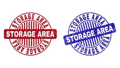 Grunge STORAGE AREA round stamp seals isolated on a white background. Round seals with distress texture in red and blue colors.