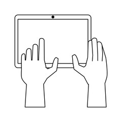 hands using tablet cartoon in black and white