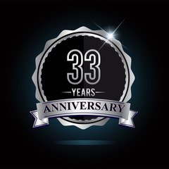 33rd anniversary logo with ribbon and silver shiny badge, vector design for birthday celebration