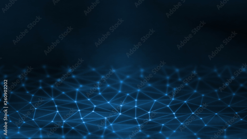 Poster 3d rendering of abstract polygonal geometry grid waves selective focus background with dots connecti