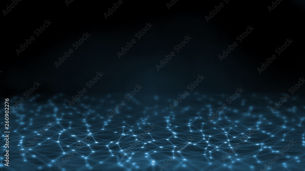 Poster 3d rendering of abstract polygonal geometry grid waves selective focus background with dots connecti