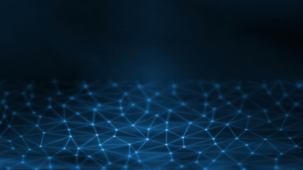3D Rendering of Abstract polygonal geometry grid waves selective focus background with dots connection. For deep machine learning, crypto currency, hi tech product uses. Big data visualization. 