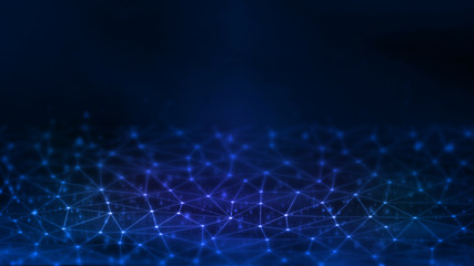 3D Rendering of Abstract polygonal geometry grid waves selective focus background with dots connection. For deep machine learning, crypto currency, hi tech product uses. Big data visualization. 