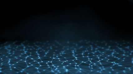 3D Rendering of Abstract polygonal geometry grid waves selective focus background with dots connection. For deep machine learning, crypto currency, hi tech product uses. Big data visualization. 