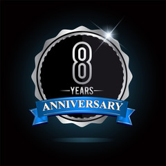8th anniversary logo with blue ribbon and silver shiny badge, vector design for birthday celebration