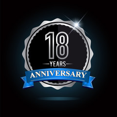 18th anniversary logo with blue ribbon and silver shiny badge, vector design for birthday celebration