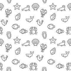 Sea Creatures icons seamless pattern grey vector on white background. Collection Of fish, lobster, oyster, clam, seagull. Template for design fabric, backgrounds, wrapping paper.