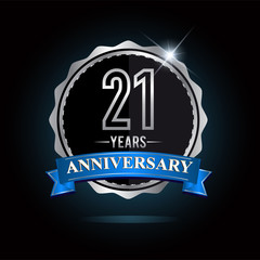21st anniversary logo with blue ribbon and silver shiny badge, vector design for birthday celebration