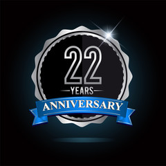 22nd anniversary logo with blue ribbon and silver shiny badge, vector design for birthday celebration