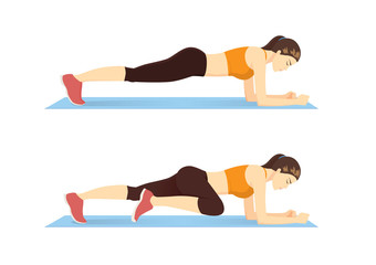 Woman doing Abdominal exercise position introduction with Plank Knee to Elbow in 2 step for guide. Illustration about workout. 