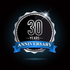 30th anniversary logo with blue ribbon and silver shiny badge, vector design for birthday celebration