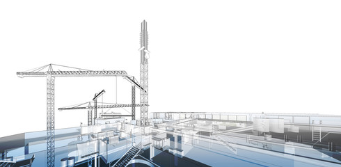 Construction crane. Building crane on the Architecture background. Perspective 3d Wireframe of building