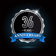 36th anniversary logo with blue ribbon and silver shiny badge, vector design for birthday celebration