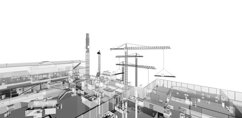 Construction crane. Building crane on the Architecture background. Perspective 3d Wireframe of building