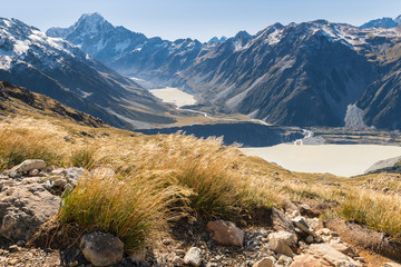 hiking track in Mount Cook National Park with view of Mt Cook, Hooker valley and glacial lakes in Southern Alps, New Zealand