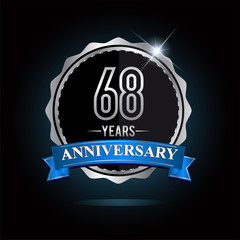 68th anniversary logo with blue ribbon and silver shiny badge, vector design for birthday celebration