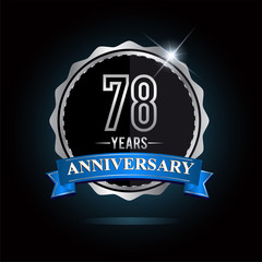 78th anniversary logo with blue ribbon and silver shiny badge, vector design for birthday celebration