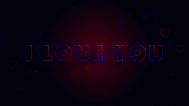 I Love You. Little hearts are on dark background with sparks. Conceptual backgroud. Appearing and disappearing lettering. Zooming. Action. Animation. 3D. 4K.