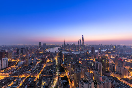 Shanghai skyline and cityscape at dawn