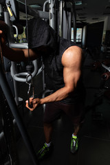 Fototapeta na wymiar Man Exercising Triceps In The Gym