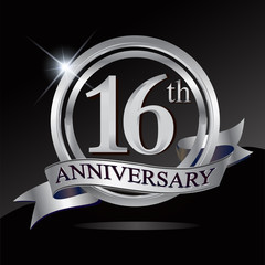 16th anniversary logo with silver ring and ribbon. Vector design template elements for your birthday celebration.