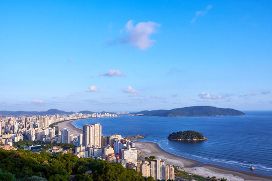 Aerial view of Santos city, county seat of Baixada Santista, on the coast of Sao Paulo state, Brazil.