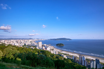 Aerial view of Santos city, county seat of Baixada Santista, on the coast of Sao Paulo state, Brazil.