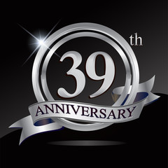 39th anniversary logo with silver ring and ribbon. Vector design template elements for your birthday celebration.