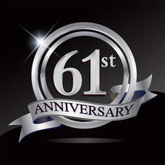 61st anniversary logo with silver ring and ribbon. Vector design template elements for your birthday celebration.