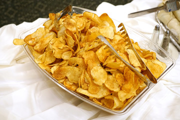 close up on chips in the bow on the table