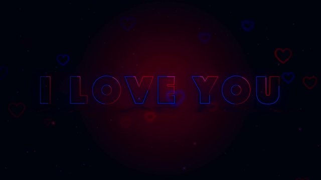 I Love You. Little hearts are on dark background with sparks. Conceptual backgroud. Appearing and disappearing lettering. Action. Animation. 3D. 4K.