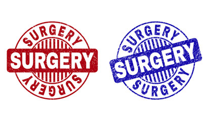 Grunge SURGERY round stamp seals isolated on a white background. Round seals with distress texture in red and blue colors. Vector rubber watermark of SURGERY title inside circle form with stripes.