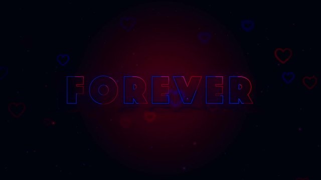Forever together. Little hearts are on dark background with sparks. Conceptual neon backgroud. Appearing and disappearing lettering. Lettering is drifting away. Action. Animation. 3D. 4K.