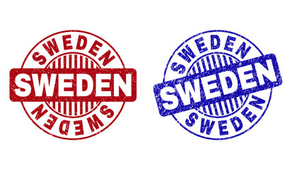 Grunge SWEDEN round stamp seals isolated on a white background. Round seals with grunge texture in red and blue colors. Vector rubber imprint of SWEDEN caption inside circle form with stripes.