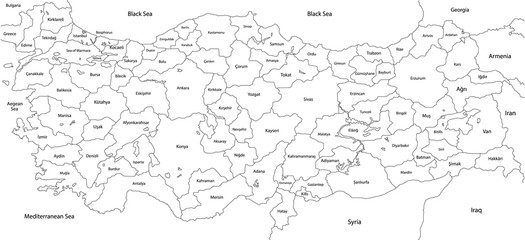 Fototapeta na wymiar A large, colorful and detailed map of Turkey with all regions, provinces and big cities.