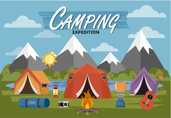 Camping equipment vector collection. . Base camp gear and accessories. Camping icon set. Hiking icons set. 